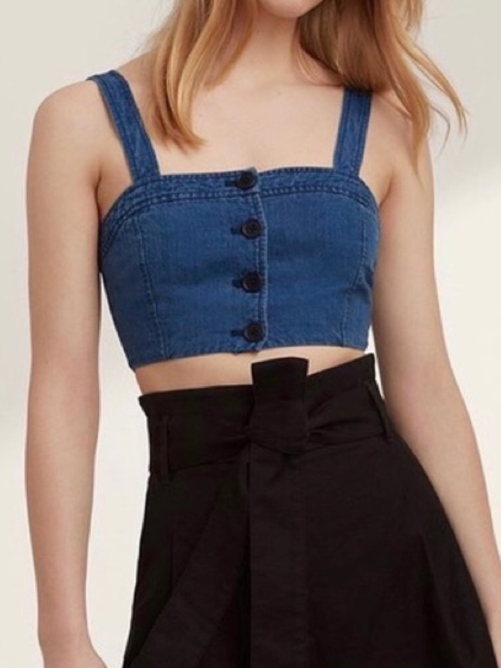 NWT Wilfred Tournus Bra Top Cropped Front Button Tank Denim Linen Blend